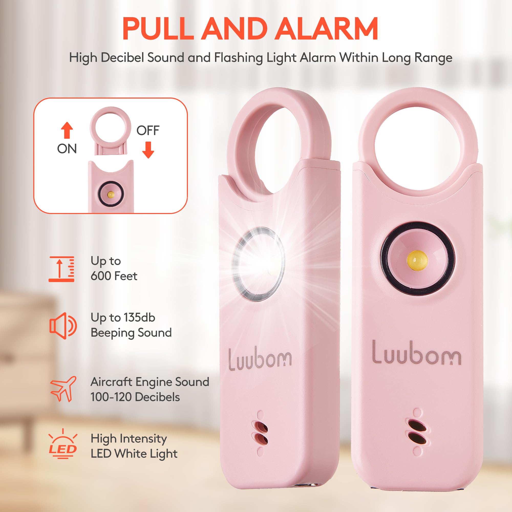 Luubom Personal Safety Alarm Rechargeable, 135 Db Loud Siren With Led Strobe Light And Key Chain In Pop Colors For Women Kids El